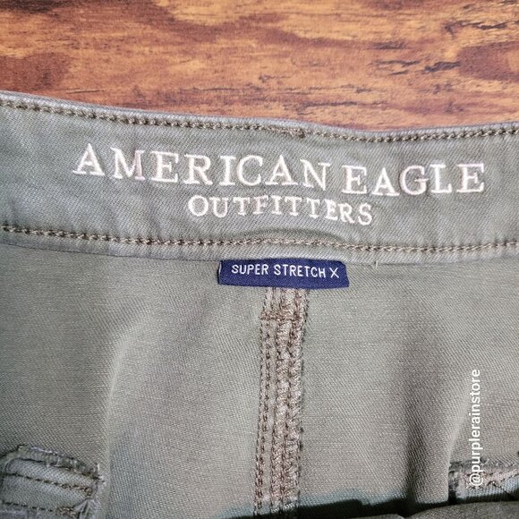 American Eagle Mini Skirt 14 Super Stretch X Button Flap Raw Hem Olive Country - Picture 3 of 10